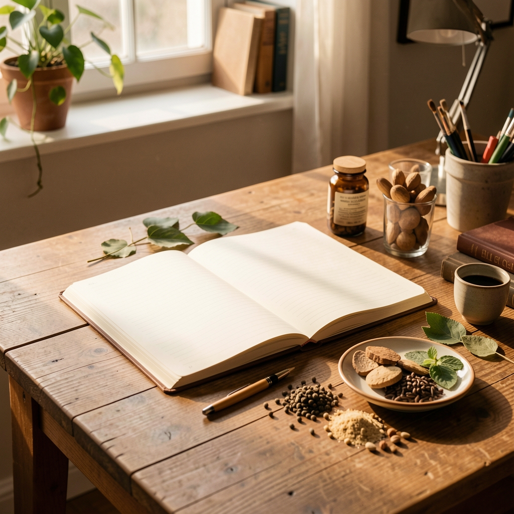 Editorial workspace with open notebook and natural ingredient samples on a wooden desk in warm morning daylight