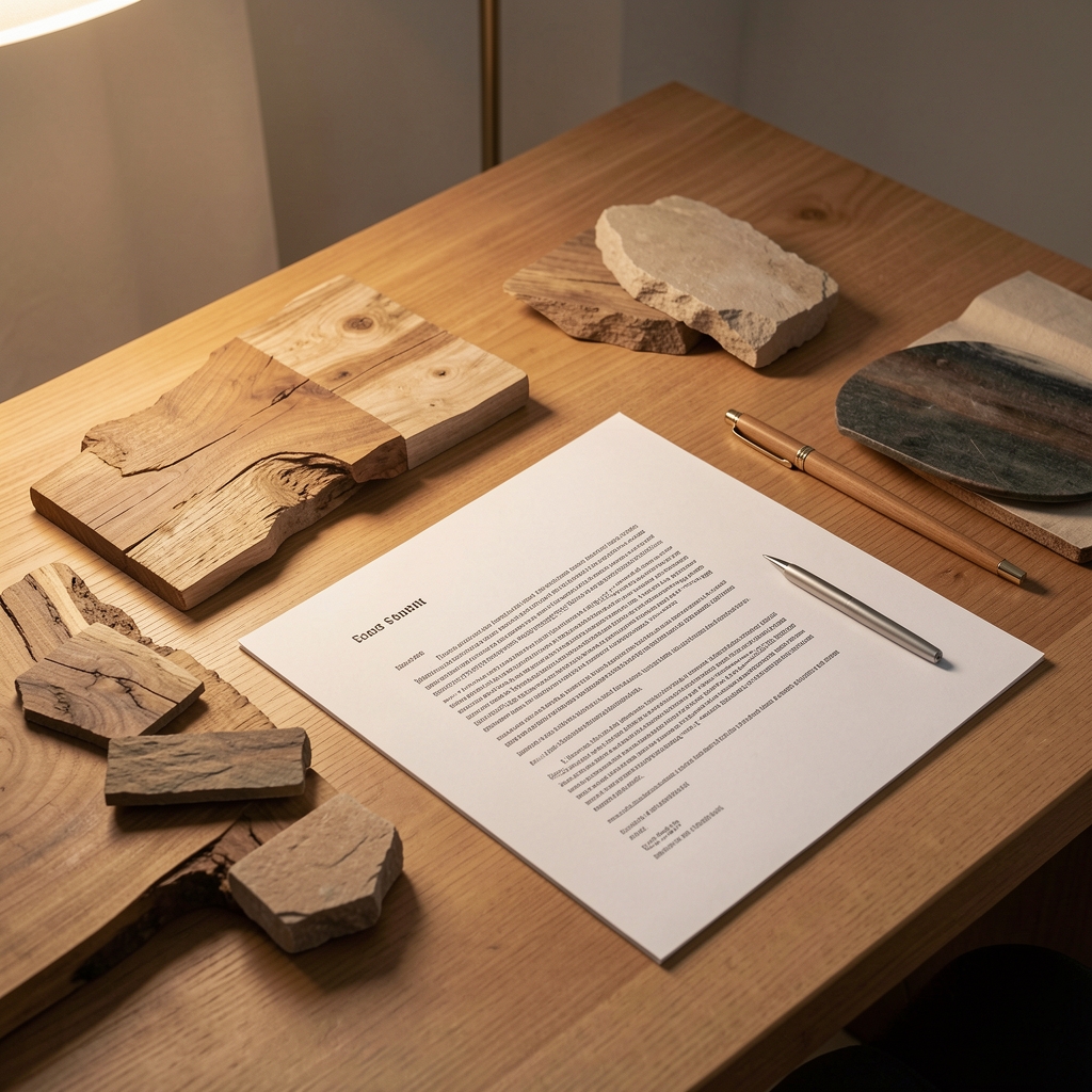 Clean editorial desk setup with natural material samples and a printed research document under warm studio lighting