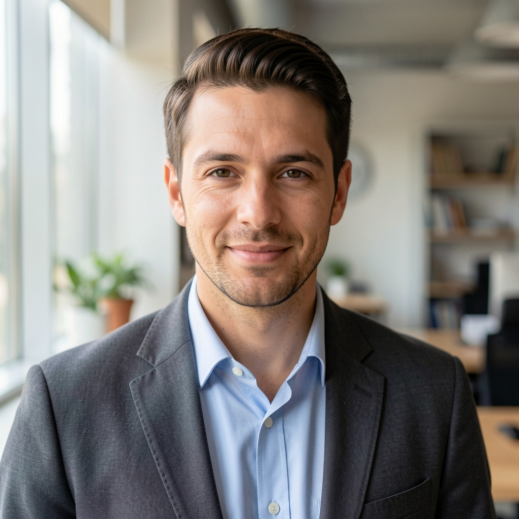 Portrait of male contributor in natural window light, editorial workspace background