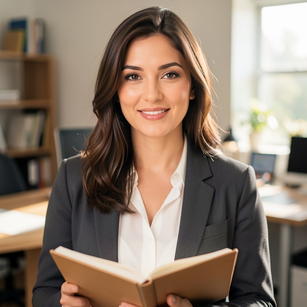 Portrait of female contributor with notebook in a sunlit editorial workspace