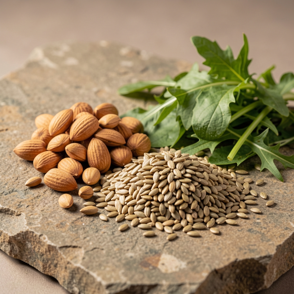 Close-up of whole-food ingredients including nuts, seeds and greens arranged on natural stone surface in studio lighting