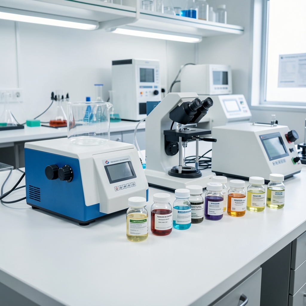 Laboratory setting showing ingredient testing equipment and sample containers on a clean white workbench under bright studio lighting