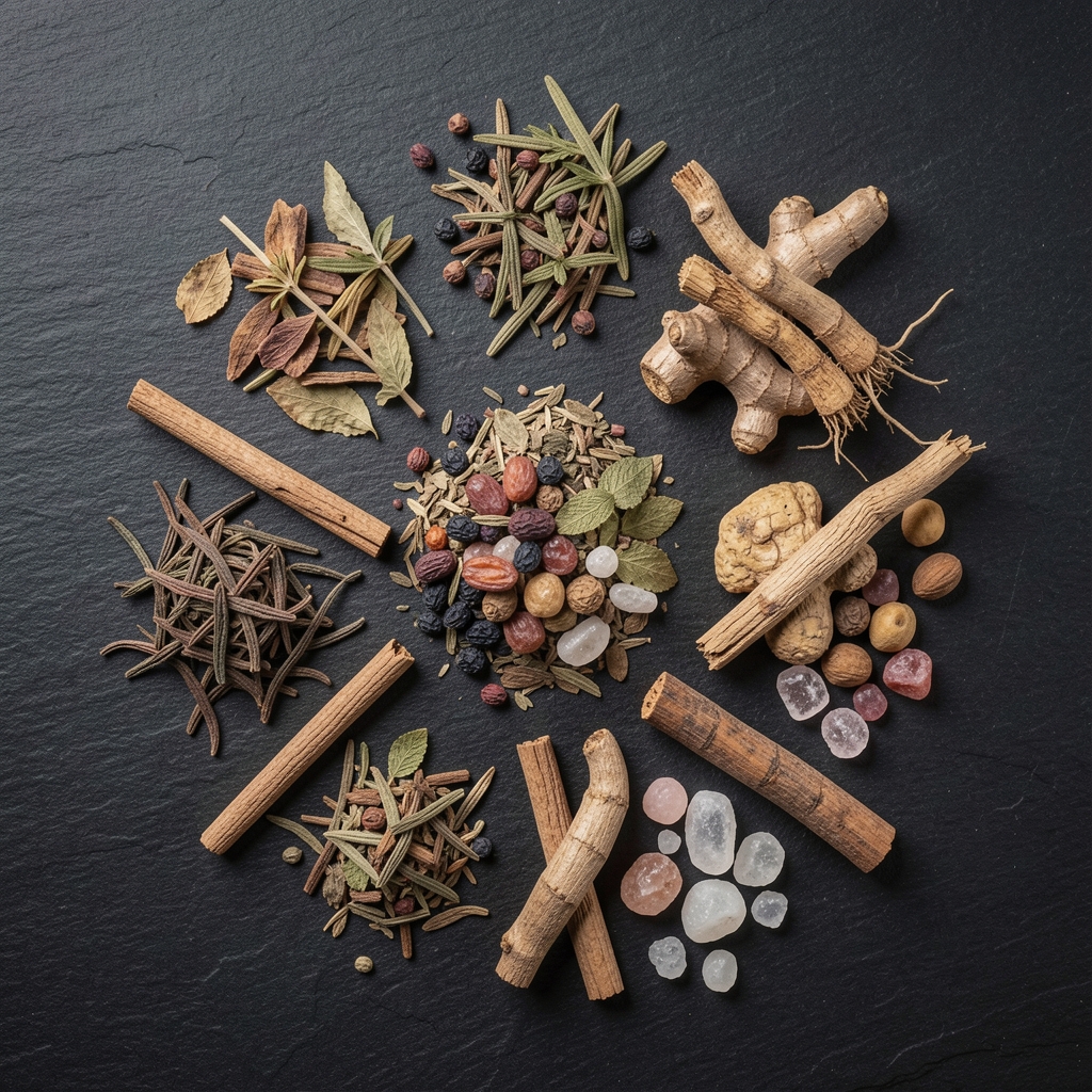 Overhead flat-lay of adaptogen herbs, dried roots and mineral supplements on a dark textured surface in controlled studio lighting