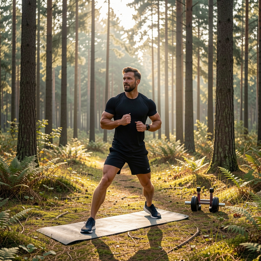 Active man in outdoor morning fitness setting, natural forest light, wide landscape